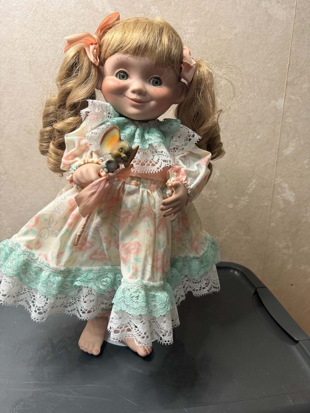 Porcelain Collector Doll 14 Inch Blonde Pigtails Floral Dress Toy